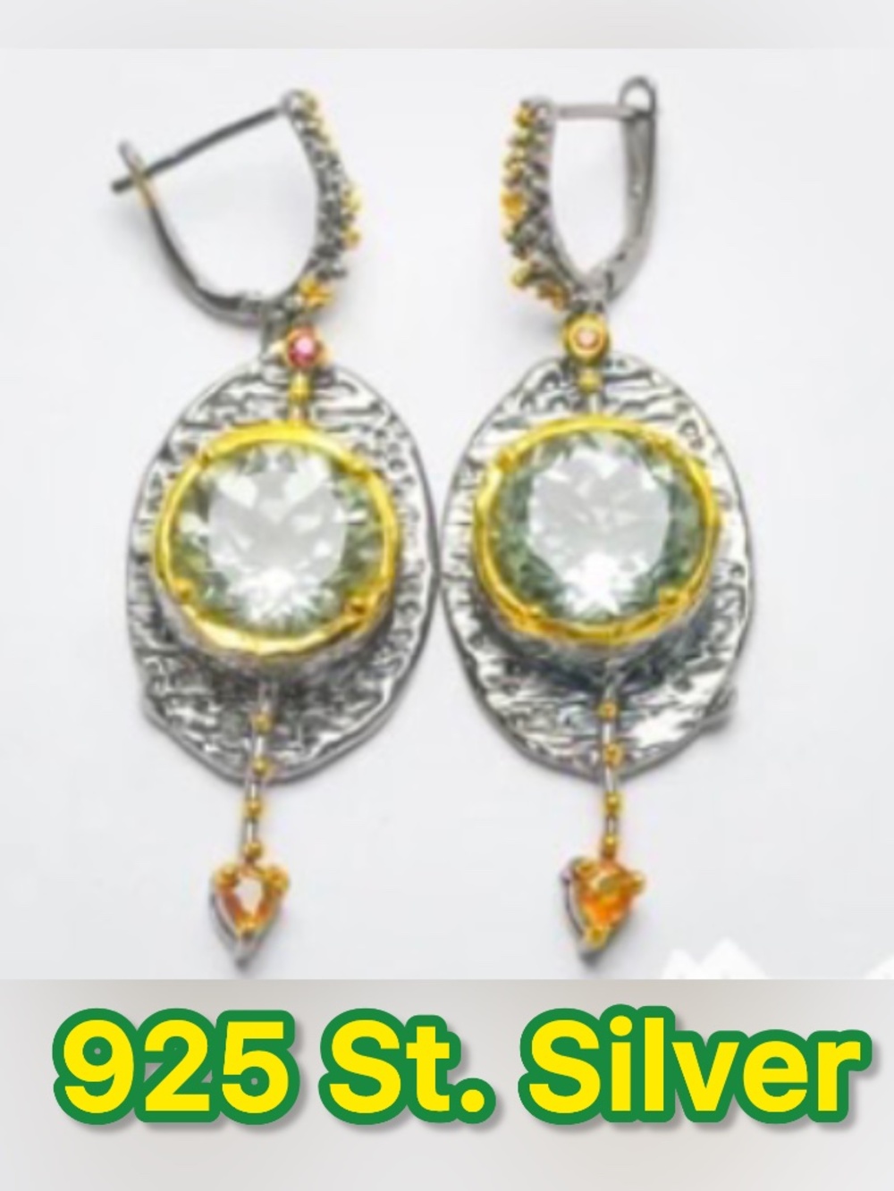NWT 30 CT GREEN AMETHYST 925 ST SILVER & 18K GOLD NATURAL GEMSTONE EARRINGS